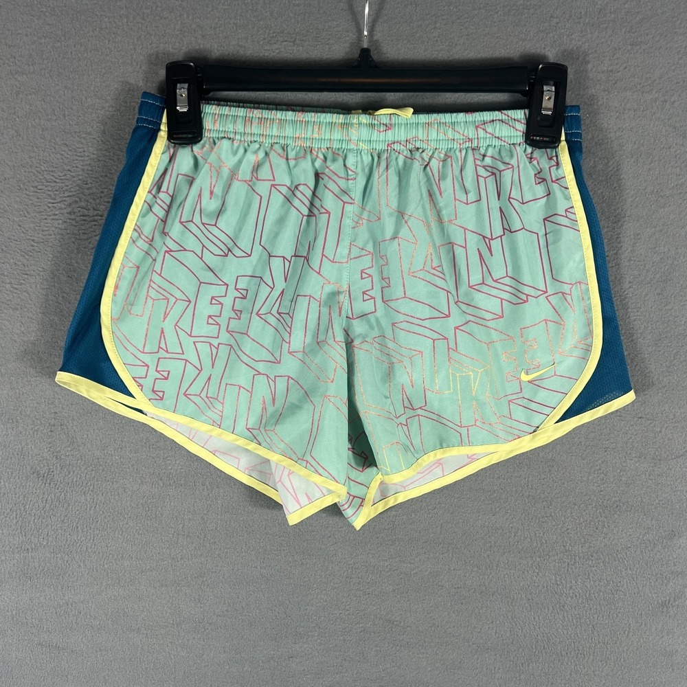 Nike Women's Dri-Fit Running Shorts Size L Mint Green Pink Pattern Athletic